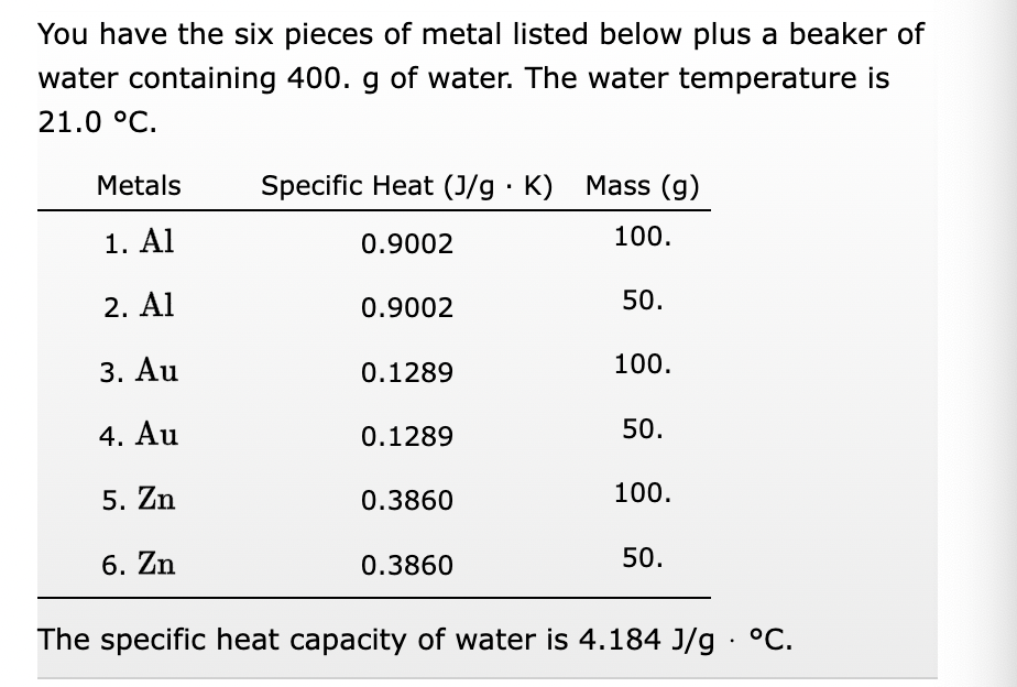 You have the six pieces of metal listed below plus a beaker of
water containing 400. g of water. The water temperature is
21.0 °C.
Metals Specific Heat (J/g. K) Mass (g)
1. Al
0.9002
100.
2. Al
3. Au
4. Au
5. Zn
6. Zn
0.9002
0.1289
0.1289
0.3860
0.3860
50.
100.
50.
100.
50.
The specific heat capacity of water is 4.184 J/g °C.