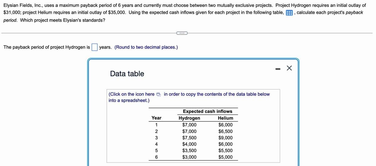 Elysian Fields, Inc., uses a maximum payback period of 6 years and currently must choose between two mutually exclusive projects. Project Hydrogen requires an initial outlay of
$31,000; project Helium requires an initial outlay of $35,000. Using the expected cash inflows given for each project in the following table,, calculate each project's payback
period. Which project meets Elysian's standards?
The payback period of project Hydrogen is
years. (Round to two decimal places.)
Data table
(Click on the icon here in order to copy the contents of the data table below
into a spreadsheet.)
Year
1
2345
6
Expected cash inflows
Helium
Hydrogen
$7,000
$7,000
$7,500
$4,000
$3,500
$3,000
$6,000
$6,500
$9,000
$6,000
$5,500
$5,000
- X