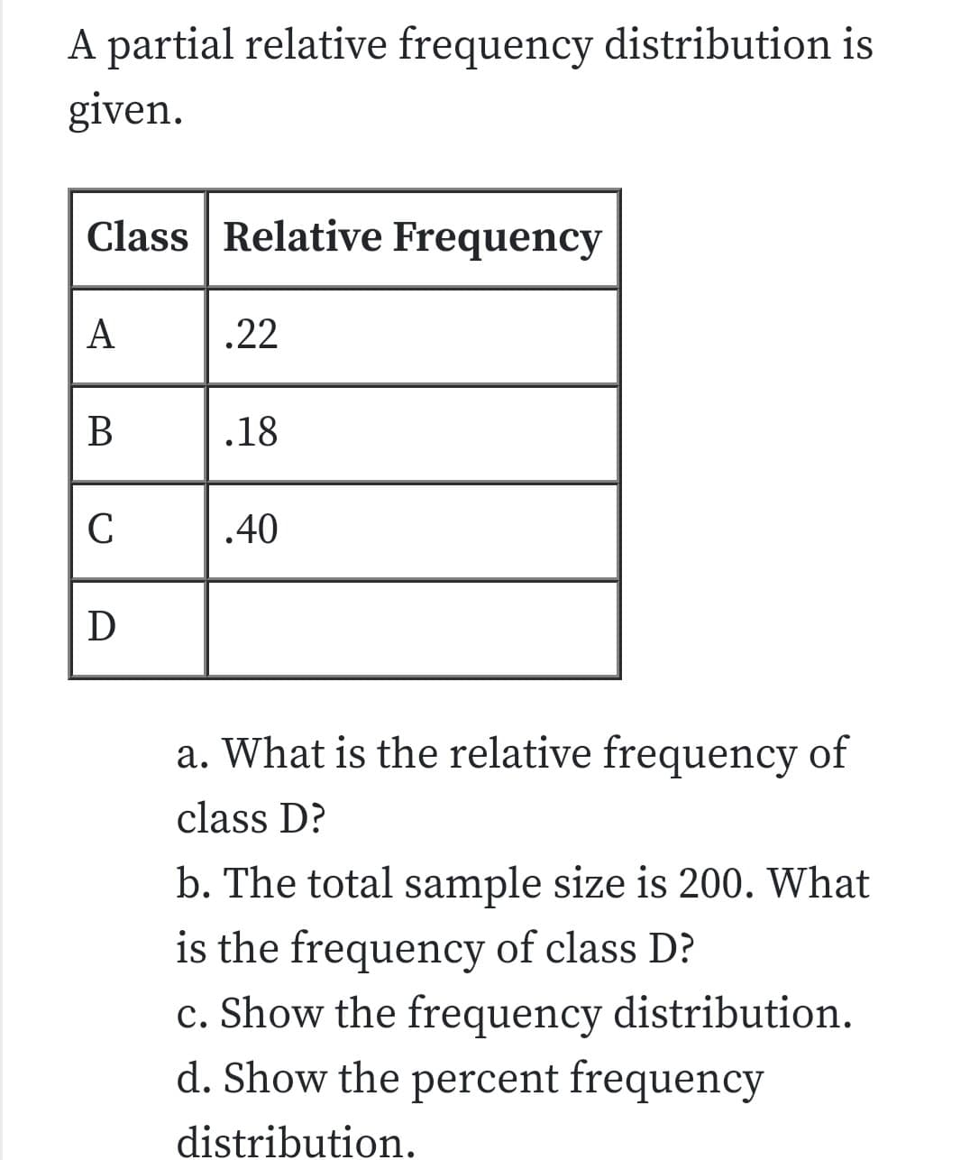A partial relative frequency distribution is
given
Class Relative Frequency
A
.22
В
.18
С
40
a. What is the relative frequency
of
class D?
b. The total sample size is 200. What
is the frequency of class D?
c. Show the frequency distribution
d. Show the percent frequency
distribution
