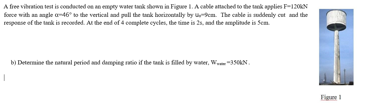 A free vibration test is conducted on an empty water tank shown in Figure 1. A cable attached to the tank applies F=120kN
force with an angle a=46° to the vertical and pull the tank horizontally by u.-9cm. The cable is suddenly cut and the
response of the tank is recorded. At the end of 4 complete cycles, the time is 2s, and the amplitude is 5cm.
b) Determine the natural period and damping ratio if the tank is filled by water, Wwater =350kN.
Figure 1