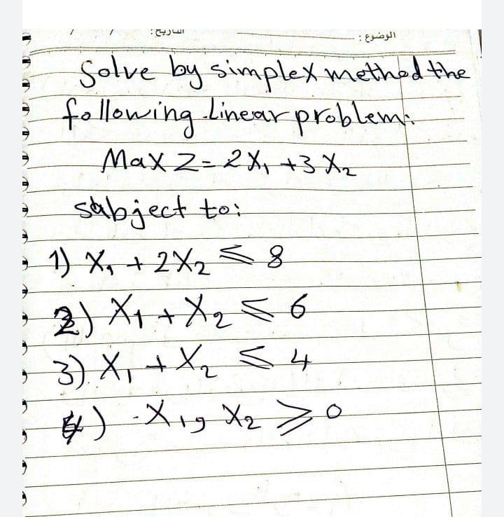 Solve by simplex method the
following Linear prablema
Max Z=2X,+3 Xz
stabject to:
1) X, + 2X2 8
* 2)X+メS6
- 3) X,+ <4
;) -メッXe >。

