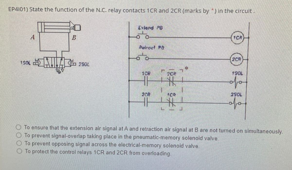 EP4101) State the function of the N.C. relay contacts 1CR and 2CR (marks by *) in the circuit.
Extend PB
A
B
1CR
Peiroct PB
(2CR
15OL LA 250L
1CR
2CR
70SA
%23
2CR
1CR
2SOL
To ensure that the extension air signal at A and retraction air signal at B are not turned on simultaneously.
To prevent signal-overlap taking place in the pneumatic-memory solenoid valve.
To prevent opposing signal across the electrical-memory solenoid valve.
O To protect the control relays 1CR and 2CR from overloading.
