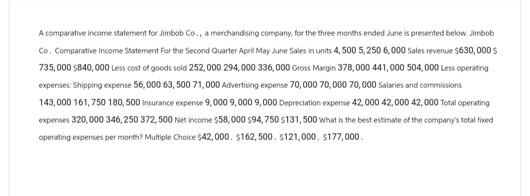 A comparative income statement for Jimbob Co., a merchandising company, for the three months ended June is presented below. Jimbob
Co. Comparative Income Statement For the Second Quarter April May June Sales in units 4, 500 5,250 6,000 Sales revenue $630,000 $
735,000 $840,000 Less cost of goods sold 252, 000 294, 000 336, 000 Gross Margin 378,000 441,000 504, 000 Less operating
expenses: Shipping expense 56,000 63, 500 71,000 Advertising expense 70, 000 70,000 70,000 Salaries and commissions
143,000 161,750 180, 500 Insurance expense 9, 000 9, 000 9,000 Depreciation expense 42,000 42,000 42,000 Total operating
expenses 320,000 346, 250 372, 500 Net income $58,000 $94, 750 $131, 500 What is the best estimate of the company's total fixed
operating expenses per month? Multiple Choice $42,000. $162,500. $121,000. $177,000.