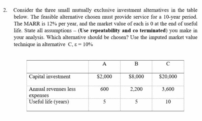 2. Consider the three small mutually exclusive investment alternatives in the table
below. The feasible alternative chosen must provide service for a 10-year period.
The MARR is 12% per year, and the market value of each is 0 at the end of useful
life. State all assumptions – (Use repeatability and co terminated) you make in
your analysis. Which alternative should be chosen? Use the imputed market value
technique in alternative C, &= 10%
A
В
C
Capital investment
$2,000
$8,000
$20,000
Annual revenues less
600
2,200
3,600
expenses
Useful life (years)
5
10
