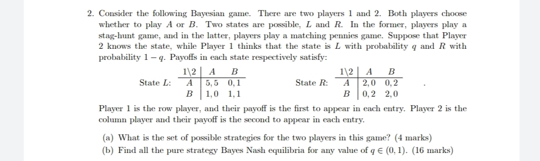 2. Consider the following Bayesian game. There are two players 1 and 2. Both players choose
whether to play A or B. Two states are possible, L and R. In the former, players play a
stag-hunt game, and in the latter, players play a matching pennies game. Suppose that Player
2 knows the state, while Player 1 thinks that the state is L with probability q and R with
probability 1– q. Payoffs in each state respectively satisfy:
1\2| A
5, 5 0,1
1\2
2,0 0,2
0, 2 2,0
B
B
State L:
A
State R:
A
B
1,0 1,1
B
Player 1 is the row player, and their payoff is the first to appear in each entry. Player 2 is the
column player and their payoff is the second to appear in each entry.
(a) What is the set of possible strategies for the two players in this game? (4 marks)
(b) Find all the pure strategy Bayes Nash equilibria for any value of q E (0, 1). (16 marks)
