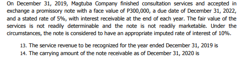 On December 31, 2019, Magtuba Company finished consultation services and accepted in
exchange a promissory note with a face value of P300,000, a due date of December 31, 2022,
and a stated rate of 5%, with interest receivable at the end of each year. The fair value of the
services is not readily determinable and the note is not readily marketable. Under the
circumstances, the note is considered to have an appropriate imputed rate of interest of 10%.
13. The service revenue to be recognized for the year ended December 31, 2019 is
14. The carrying amount of the note receivable as of December 31, 2020 is
