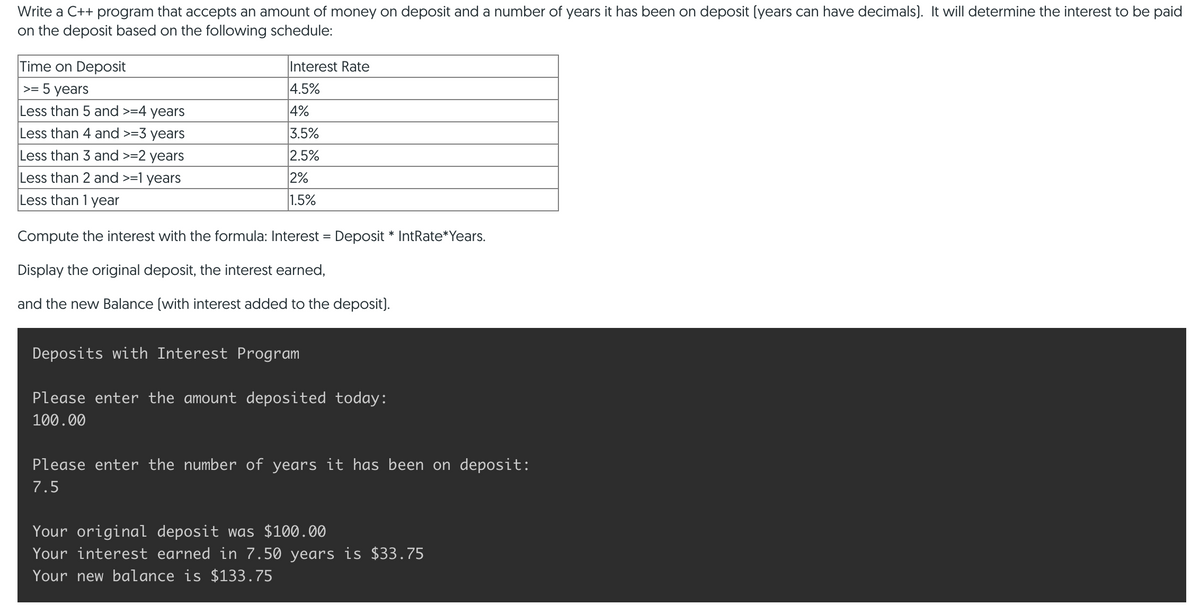 Write a C++ program that accepts an amount of money on deposit and a number of years it has been on deposit (years can have decimals). It will determine the interest to be paid
on the deposit based on the following schedule:
Time on Deposit
Interest Rate
>= 5 years
|4.5%
Less than 5 and >=4 years
4%
Less than 4 and >=3 years
3.5%
2.5%
Less than 3 and >=2 years
Less than 2 and >=1 years
2%
Less than 1 year
1.5%
Compute the interest with the formula: Interest = Deposit * IntRate*Years.
%3D
Display the original deposit, the interest earned,
and the new Balance (with interest added to the deposit).
Deposits with Interest Program
Please enter the amount deposited today:
100.00
Please enter the number of years it has been on deposit:
7.5
Your original deposit was $100.00
Your interest earned in 7.50 years is $33.75
Your new balance is $133.75
