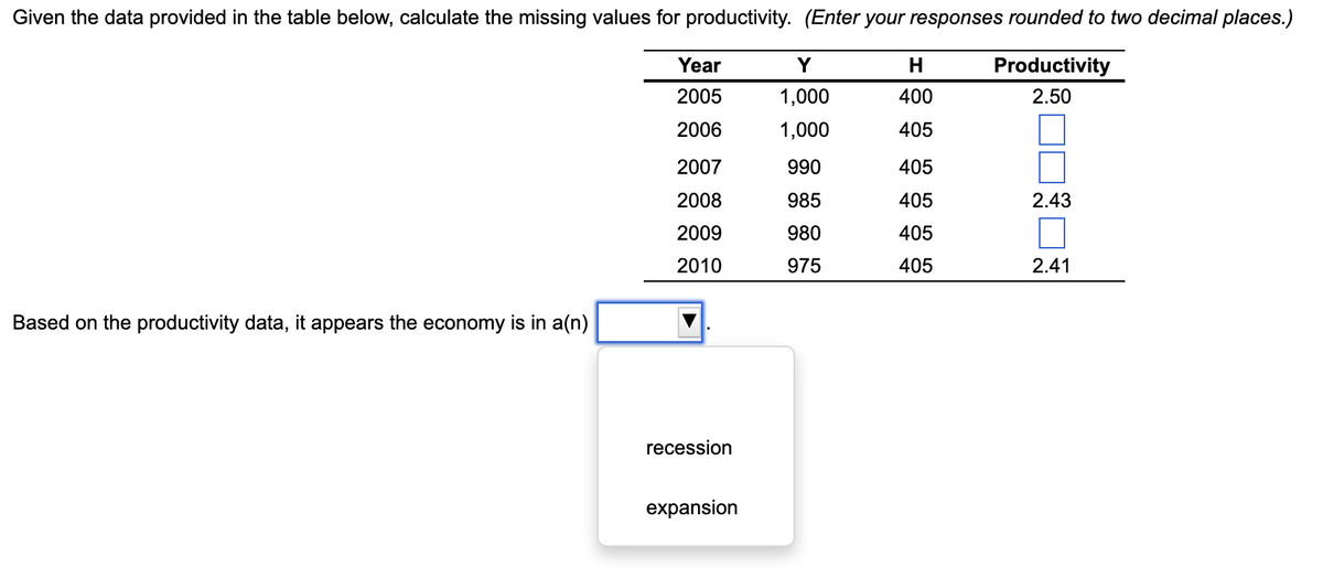 Given the data provided in the table below, calculate the missing values for productivity. (Enter your responses rounded to two decimal places.)
Productivity
2.50
Based on the productivity data, it appears the economy is in a(n)
Year
2005
2006
2007
2008
2009
2010
recession
expansion
Y
1,000
1,000
990
985
980
975
H
400
405
405
405
405
405
2.43
2.41