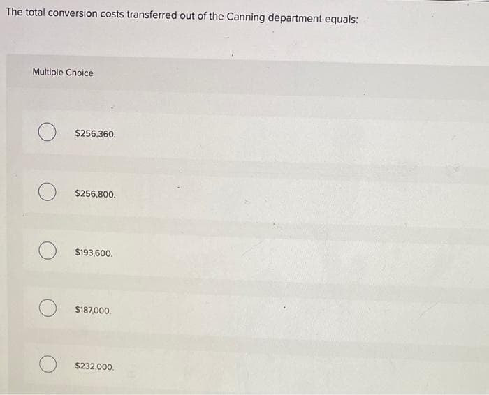The total conversion costs transferred out of the Canning department equals:
Multiple Choice
$256,360.
$256,800.
$193,600.
$187,000.
$232,000.