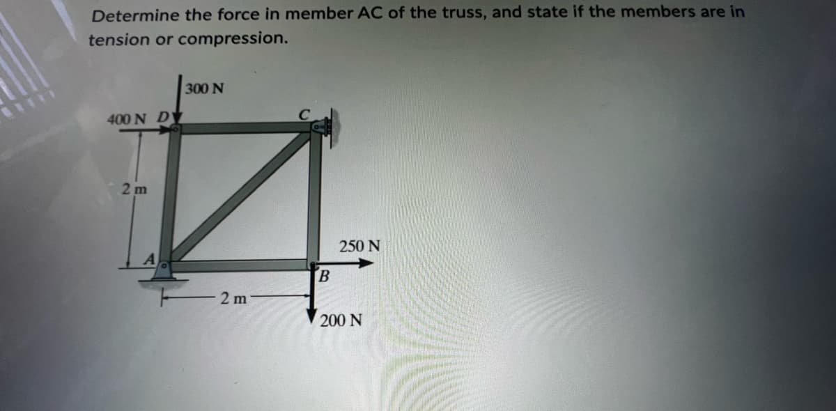Determine the force in member AC of the truss, and state if the members are in
tension or compression.
400 N D
2m
300 N
2 m
B
250 N
200 N