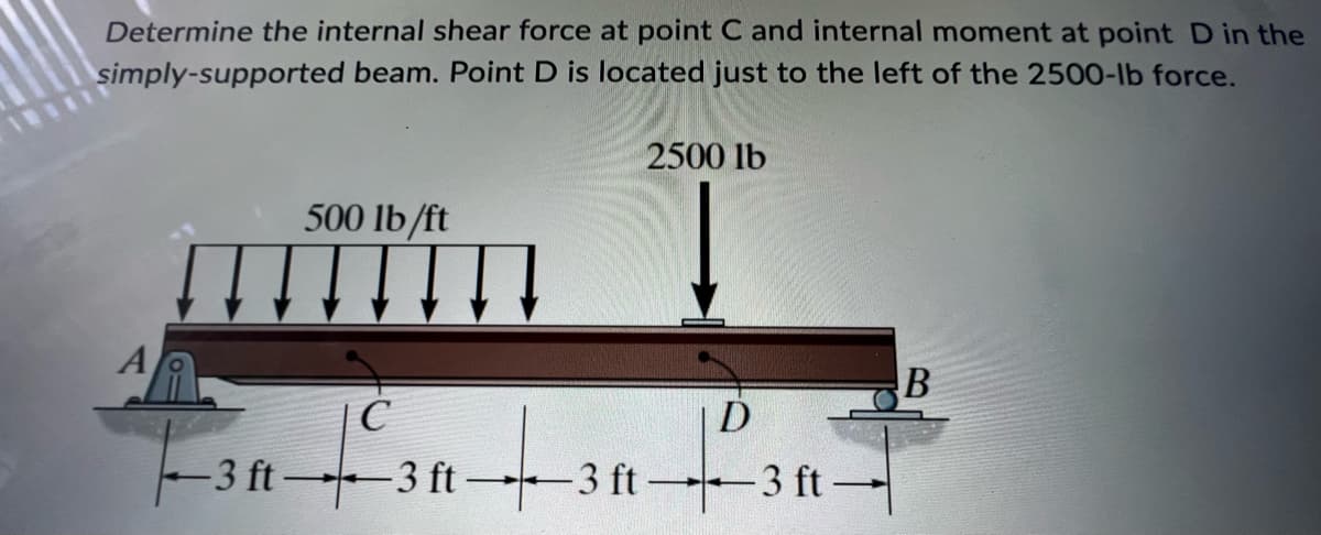 Determine the internal shear force at point C and internal moment at point D in the
simply-supported beam. Point D is located just to the left of the 2500-lb force.
A
500 lb/ft
#ffff
C
-3 ft 3 ft-
- 3 ft
2500 lb
D
TA
-3 ft-
B