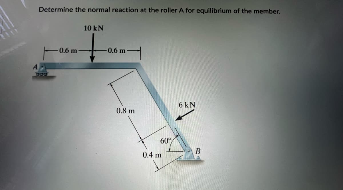 A
Determine the normal reaction at the roller A for equilibrium of the member.
307
0.6 m
10 kN
0.6 m
0.8 m
60°
0.4 m
6 kN
B