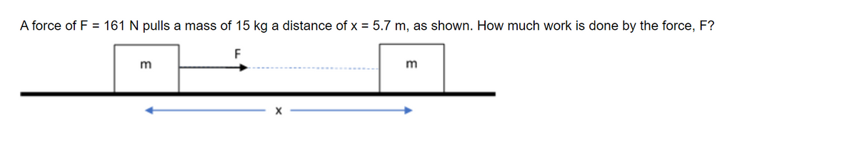 A force of F = 161 N pulls a mass of 15 kg a distance of x = 5.7 m, as shown. How much work is done by the force, F?
F
m
m
