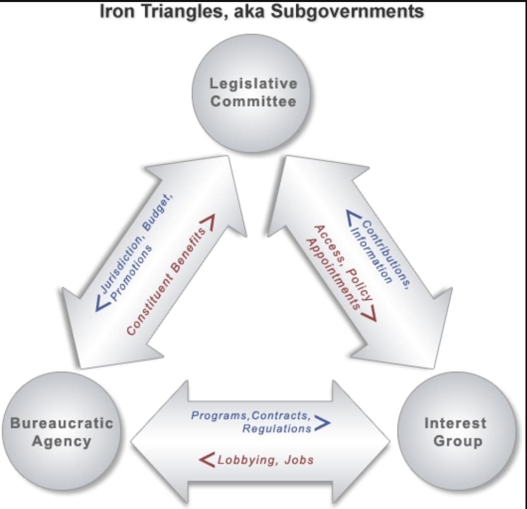 Iron Triangles, aka Subgovernments
>
Bureaucratic
Agency
Legislative
Committee
Promotions
Jurisdiction, Budget,
Constituent Benefits >
Appointments
Access, Policy-
Programs, Contracts,
Regulations
Lobbying, Jobs
Information
Contributions,
Interest
Group