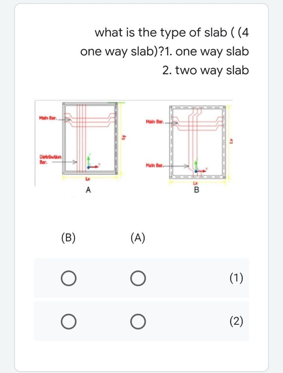 what is the type of slab ( (4
one way slab)?1. one way slab
2. two way slab
Main Bar.
Main Bar.
Distribution
Bar.
Main Bar.
Lx
A
(B)
(A)
(1)
(2)
