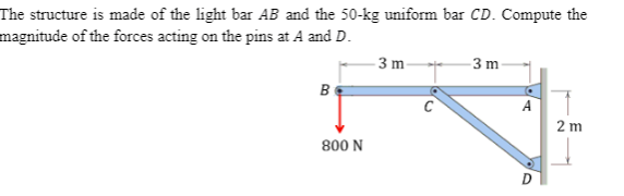 The structure is made of the light bar AB and the 50-kg uniform bar CD. Compute the
magnitude of the forces acting on the pins at A and D.
- 3 m
3 m
B
A
2 m
800 N
D
