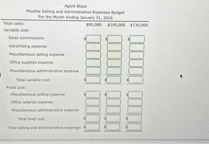 Agent Blaze
Flexible Selling and Administrative Expenses Budget
For the Month Ending January 31, 2016
Total sales
Variable cost:
Sales commissions
Advertising expense
Miscellaneous selling expense
Office supplies expense
Miscellaneous administrative expense
Total variable cost
Fixed cost:
Miscellaneous selling expense
Office salaries expense
Miscellaneous administrative expense
Total fixed cost
Total selling and administrative expenses
$85,000 $105,000 $130,000