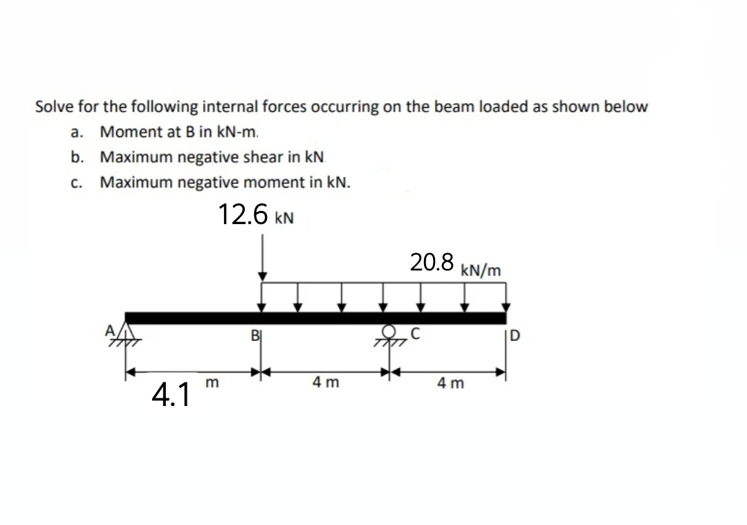 Solve for the following internal forces occurring on the beam loaded as shown below
a. Moment at B in kN-m.
b. Maximum negative shear in kN.
C.
Maximum negative moment in kN.
12.6 kN
20.8 KN/m
BỊ
4 m
4 m
4.1

