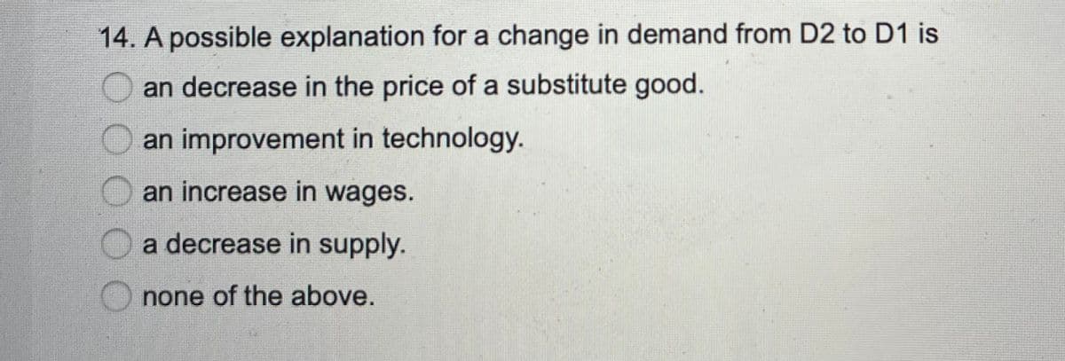 14. A possible explanation for a change in demand from D2 to D1 is
an decrease in the price of a substitute good.
an improvement in technology.
an increase in wages.
a decrease in supply.
none of the above.
