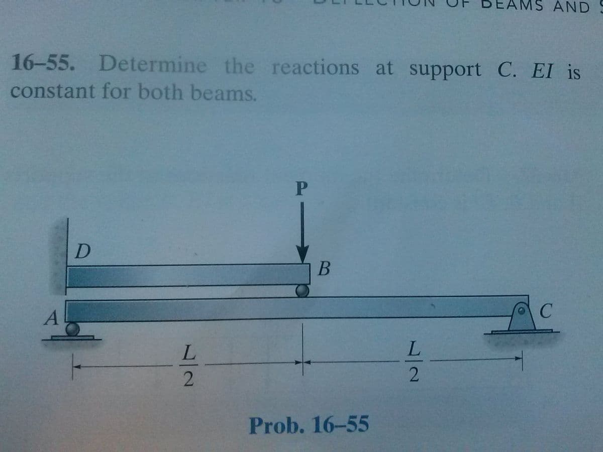 16-55. Determine the reactions at support C. EI is
constant for both beams.
A
D
7/7
L
2
P
B
Prob. 16-55
AND S
L
2
C