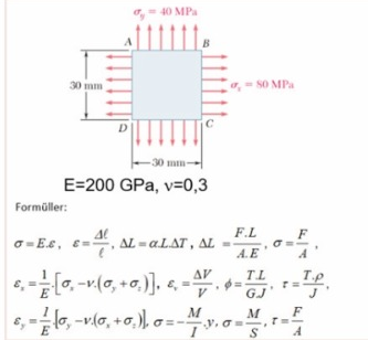-40 MPa
B
30 mm
a,- SO
a, = s0 MPa
C
D.
30 mm
E=200 GPa, v=0,3
Formüller:
:
F.L
-4.
F
o-Ee, e-,
*, AL = ALAT, AL
A.E
TL
T
M
M
F

