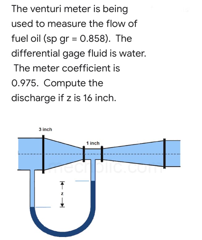 The venturi meter is being
used to measure the flow of
fuel oil (sp gr = 0.858). The
differential gage fluid is water.
The meter coefficient is
0.975. Compute the
discharge if z is 16 inch.
3 inch
1 inch
echplic.c
