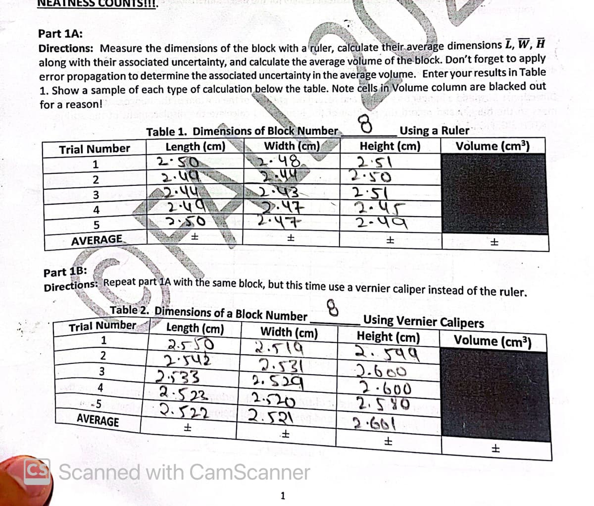 NEATNESS COU
Part 1A:
Directions: Measure the dimensions of the block with a ruler, calculate their average dimensions L, W, H
along with their associated uncertainty, and calculate the average volume of the block. Don't forget to apply
error propagation to determine the associated uncertainty in the average volume. Enter your results in Table
1. Show a sample of each type of calculation below the table. Note cells in Volume column are blacked out
for a reason!
Trial Number
1
2
3
4
5
AVERAGE
Trial Number
Table 1. Dimensions of Block Number
Length (cm)
Width (cm)
Til
1
2
3
4
-5
AVERAGE
2.50
2.49
2.44
2.49
2:50
±
CREE
12.48
Table 2. Dimensions of a Block Number
Length (cm)
Width (cm)
2550
2.542
2.533
2.523
2.522
±
2.47
·47
±
Part 1B:
Directions: Repeat part 1A with the same block, but this time use a vernier caliper instead of the ruler.
8
2.531
2.529
2.20
2.521
.±
CS Scanned with CamScanner
8
Height (cm)
2.51
2.50
2.51
2.45
2.49
±
1
Using a Ruler
Volume (cm³)
Using Vernier Calipers
Height (cm)
2.599
2.600
2.600
2.590
2.661
±
±
Volume (cm³)
±