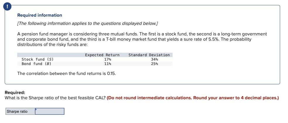 !
Required information
[The following information applies to the questions displayed below.]
A pension fund manager is considering three mutual funds. The first is a stock fund, the second is a long-term government
and corporate bond fund, and the third is a T-bill money market fund that yields a sure rate of 5.5%. The probability
distributions of the risky funds are:
Stock fund (S)
Bond fund (B)
Expected Return Standard Deviation
17%
11%
34%
25%
The correlation between the fund returns is 0.15.
Required:
What is the Sharpe ratio of the best feasible CAL? (Do not round intermediate calculations. Round your answer to 4 decimal places.)
Sharpe ratio
