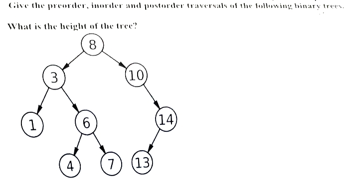Give the preorder, inorder and postorder traversals of the following binary trees.
What is the height of the tree?
8
1
3
4
(10)
7 (13)
(14)