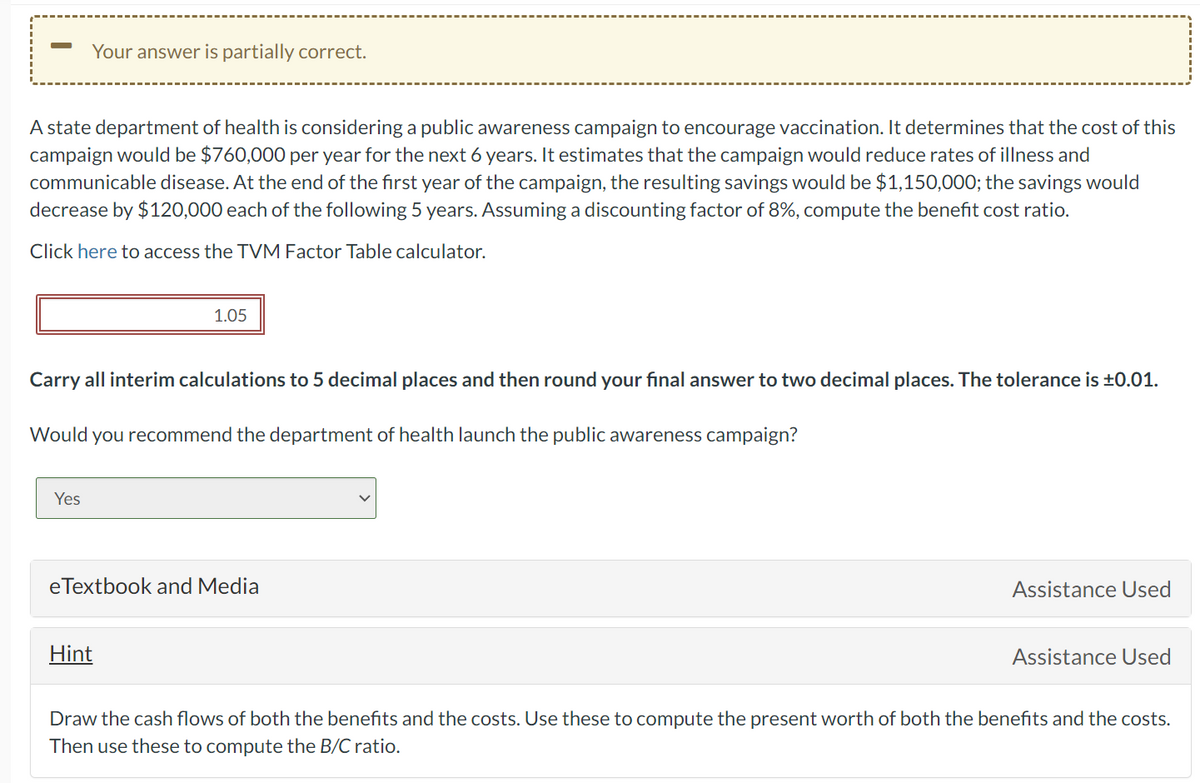 Your answer is partially correct.
A state department of health is considering a public awareness campaign to encourage vaccination. It determines that the cost of this
campaign would be $760,000 per year for the next 6 years. It estimates that the campaign would reduce rates of illness and
communicable disease. At the end of the first year of the campaign, the resulting savings would be $1,150,000; the savings would
decrease by $120,000 each of the following 5 years. Assuming a discounting factor of 8%, compute the benefit cost ratio.
Click here to access the TVM Factor Table calculator.
Yes
Carry all interim calculations to 5 decimal places and then round your final answer to two decimal places. The tolerance is ±0.01.
Would you recommend the department of health launch the public awareness campaign?
1.05
eTextbook and Media
Hint
Assistance Used
Assistance Used
Draw the cash flows of both the benefits and the costs. Use these to compute the present worth of both the benefits and the costs.
Then use these to compute the B/C ratio.