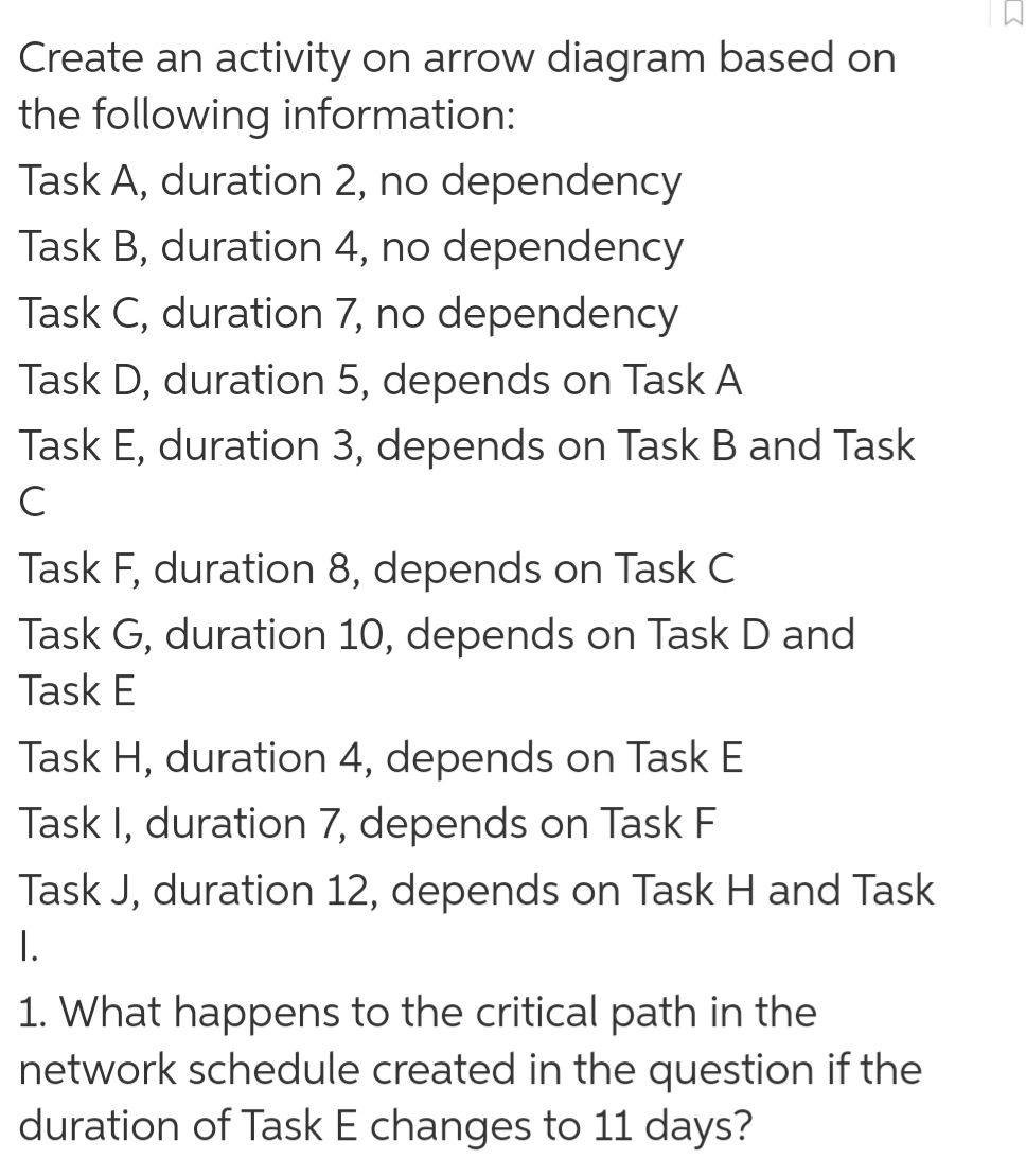 Create an activity on arrow diagram based on
the following information:
Task A, duration 2, no dependency
Task B, duration 4, no dependency
Task C, duration 7, no dependency
Task D, duration 5, depends on Task A
Task E, duration 3, depends on Task B and Task
Task F, duration 8, depends on Task C
Task G, duration 10, depends on Task D and
Task E
Task H, duration 4, depends on Task E
Task I, duration 7, depends on Task F
Task J, duration 12, depends on Task H and Task
I.
1. What happens to the critical path in the
network schedule created in the question if the
duration of Task E changes to 11 days?

