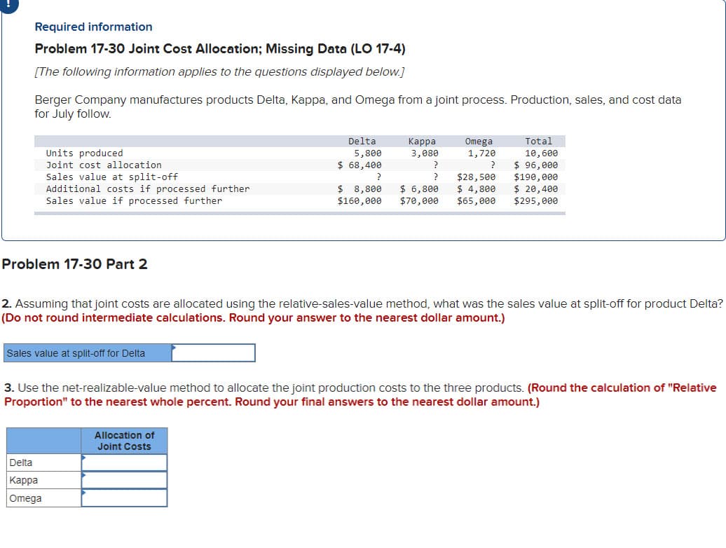 Required information
Problem 17-30 Joint Cost Allocation; Missing Data (LO 17-4)
[The following information applies to the questions displayed below.]
Berger Company manufactures products Delta, Kappa, and Omega from a joint process. Production, sales, and cost data
for July follow.
Units produced
Joint cost allocation.
Sales value at split-off
Additional costs if processed further
Sales value if processed further
Problem 17-30 Part 2
Sales value at split-off for Delta
Delta
Kappa
Omega
Delta
5,800
$ 68,400
?
$ 8,800
$160,000
Kappa
3,080
Allocation of
Joint Costs
Omega
1,720
2. Assuming that joint costs are allocated using the relative-sales-value method, what was the sales value at split-off for product Delta?
(Do not round intermediate calculations. Round your answer to the nearest dollar amount.)
?
?
$28,500
$ 6,800 $ 4,800
$70,000 $65,000
Total
10,600
$ 96,000
$190,000
$ 20,400
$295,000
3. Use the net-realizable-value method to allocate the joint production costs to the three products. (Round the calculation of "Relative
Proportion" to the nearest whole percent. Round your final answers to the nearest dollar amount.)