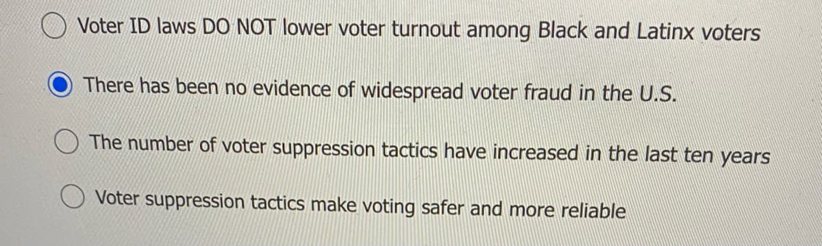 Voter ID laws DO NOT lower voter turnout among Black and Latinx voters
There has been no evidence of widespread voter fraud in the U.S.
The number of voter suppression tactics have increased in the last ten years
Voter suppression tactics make voting safer and more reliable