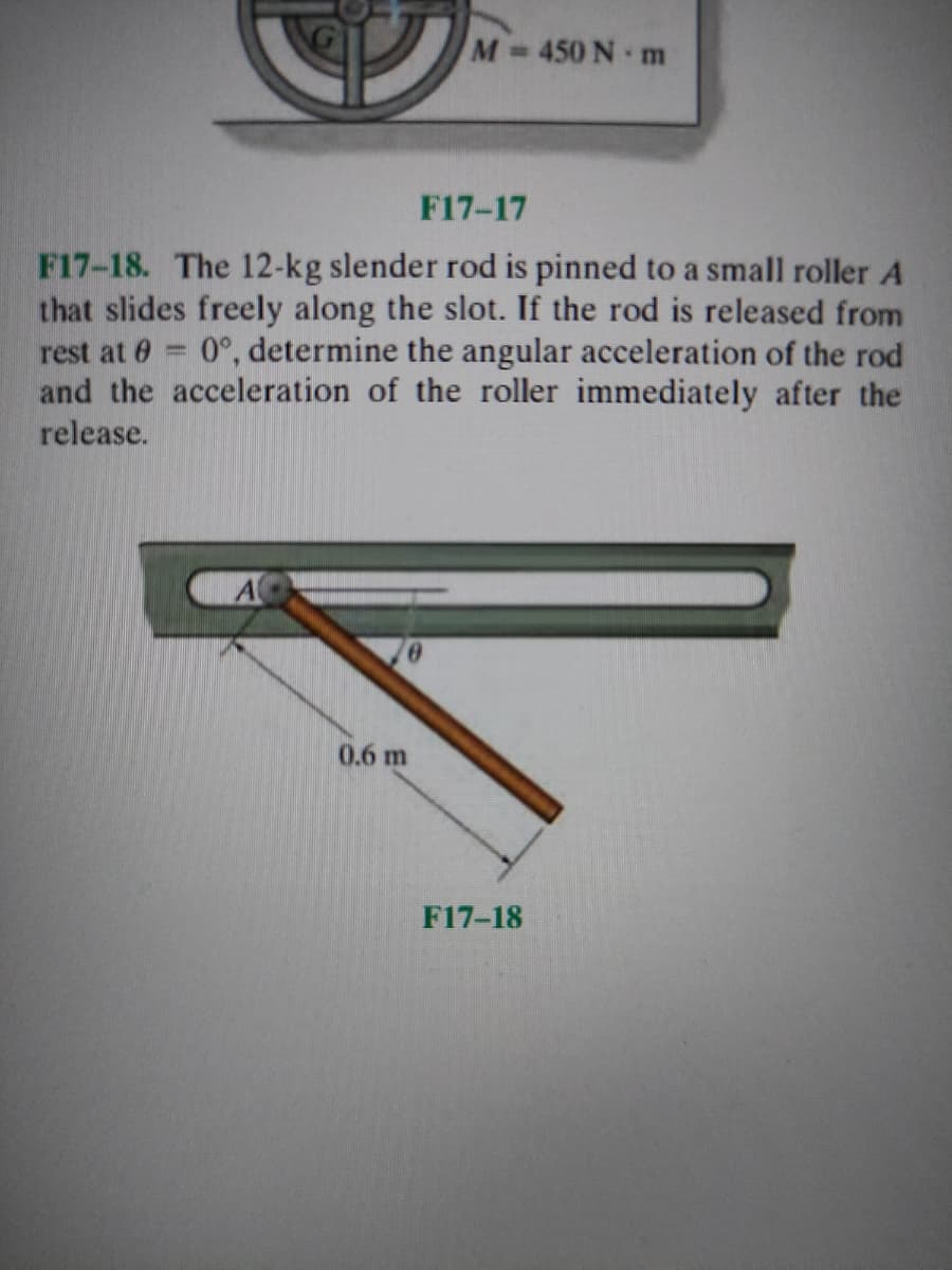 M=450 N-m
F17-17
F17-18. The 12-kg slender rod is pinned to a small roller A
that slides freely along the slot. If the rod is released from
rest at 0 = 0°, determine the angular acceleration of the rod
and the acceleration of the roller immediately after the
release.
A
0.6 m
F17-18