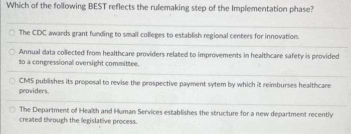 Which of the following BEST reflects the rulemaking step of the Implementation phase?
The CDC awards grant funding to small colleges to establish regional centers for innovation.
Annual data collected from healthcare providers related to improvements in healthcare safety is provided
to a congressional oversight committee.
CMS publishes its proposal to revise the prospective payment sytem by which it reimburses healthcare
providers.
The Department of Health and Human Services establishes the structure for a new department recently
created through the legislative process.