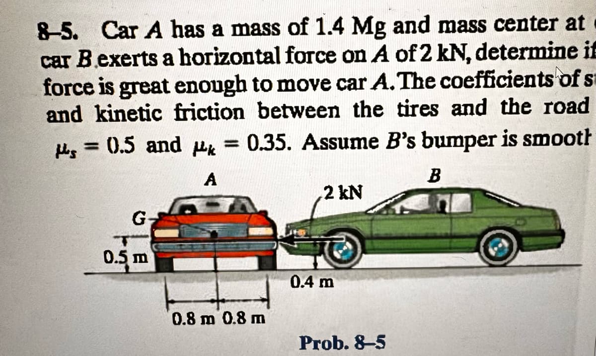 8-5. Car A has a mass of 1.4 Mg and mass center at
car B exerts a horizontal force on A of 2 kN, determine if
force is great enough to move car A. The coefficients of s
and kinetic friction between the tires and the road
μs = 0.5 and μ = 0.35. Assume B's bumper is smooth
A
G
0.5 m
0.8 m 0.8 m
,2 kN
0.4 m
Prob. 8-5