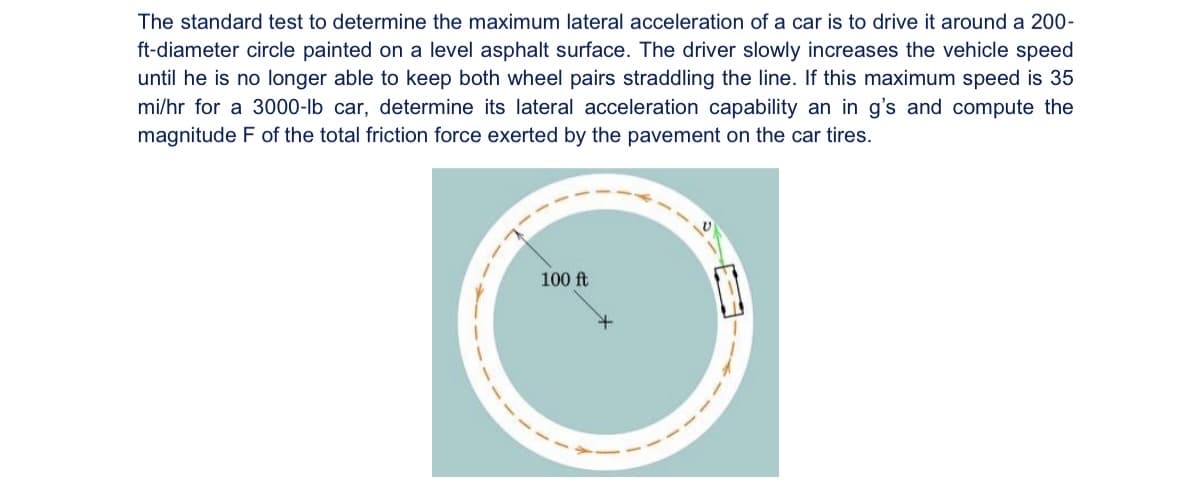 The standard test to determine the maximum lateral acceleration of a car is to drive it around a 200-
ft-diameter circle painted on a level asphalt surface. The driver slowly increases the vehicle speed
until he is no longer able to keep both wheel pairs straddling the line. If this maximum speed is 35
mi/hr for a 3000-lb car, determine its lateral acceleration capability an in g's and compute the
magnitude F of the total friction force exerted by the pavement on the car tires.
100 ft
