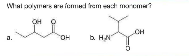 What polymers are formed from each monomer?
он о
Он
LOH
OH
b. H2N
а.

