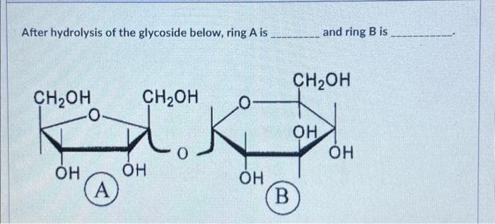 After hydrolysis of the glycoside below, ring A is
CH₂OH
-0
ОН
A
CH₂OH
С
OH
OH
B
and ring B is
CH2OH
ОН
ОН