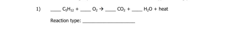 1)
C5H12 +
Reaction type:
▬▬
0₂ →
-
CO₂ +
—
H₂O + heat
