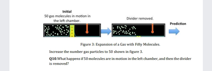 Initial
50 gas molecules in motion in
the left chamber.
Divider removed.
Prediction
Figure 3: Expansion of a Gas with Fifty Molecules.
Increase the number gas particles to 50 shown in figure 3.
Q10.What happens if 50 molecules are in motion in the left chamber, and then the divider
is removed?