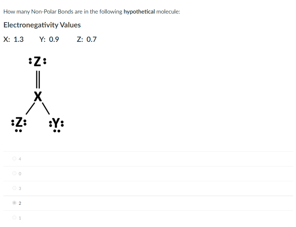 How many Non-Polar Bonds are in the following hypothetical molecule:
Electronegativity Values
X: 1.3
Y: 0.9
Z: 0.7
:2:
|
X
O 4
O 3
O 2
O 1
