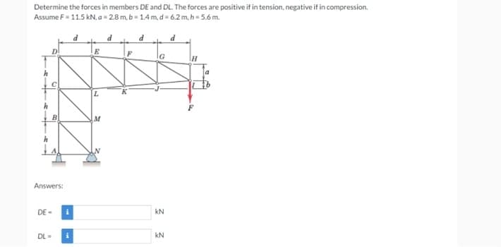 Determine the forces in members DE and DL. The forces are positive if in tension, negative if in compression.
Assume F = 11.5 kN, a = 2.8 m, b = 1.4 m, d = 6.2 m, h= 5.6 m.
d
to
E
B
M
Answers:
DE -
kN
DL =
kN
