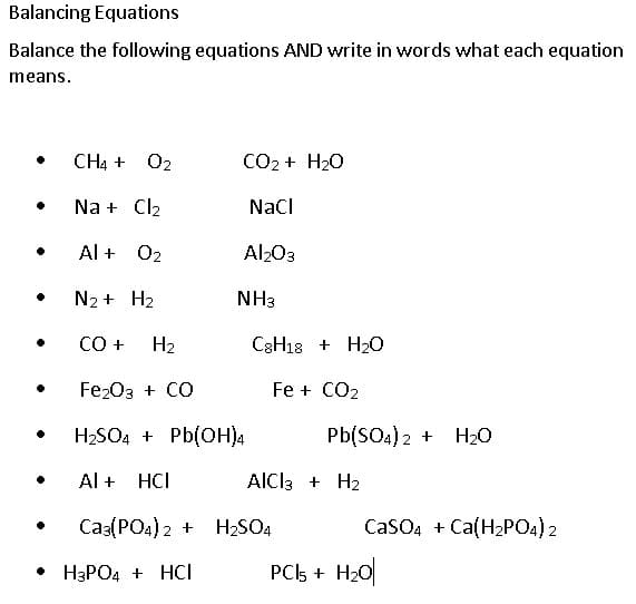 Balance the following equations AND write in words what each equation
means.
CH4 + 02
CO2 + H20
Na + Cl2
Naci
Al + 02
Al203
