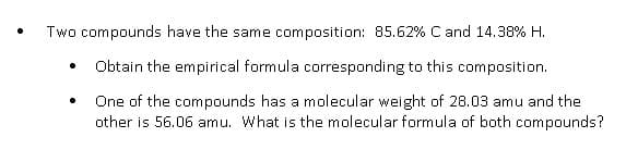 Two compounds have the same composition: 85.62% C and 14.38% H.
