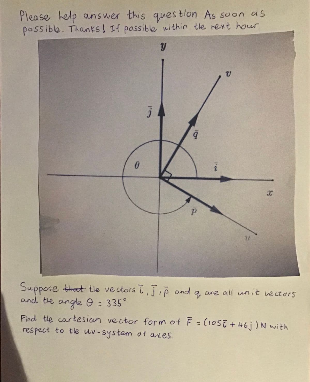 Please help answer this ques tion As soon as
possible. Thanks! If possible within tle rext hour
Suppose thet tle vectors i, jip and a, are all unit vectors
and the angle 9 = 335°
Find the cartesian vector form of F= (105E + 46j)N with
respect to tle uv-system ot axes.
