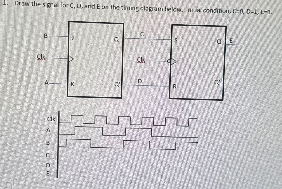 1.
QE
Draw the signal for C, D, and E on the timing diagram below. Initial condition, C=0, D=1, E=1.
B
Clk
Q
G
Clk
S
D
A
K
ΟΙ
R
Clk
A B CDE
d