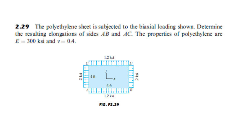 2.29 The polyethylene sheet is subjected to the biaxial loading shown. Determine
the resulting elongations of sides AB and AC. The properties of polyethylene are
E = 300 ksi and v= 0.4.
1.2 ksi
L,
4 ft
6 ft
1.2 ksi
FIG. P2.29
2 ksi
2 ksi
