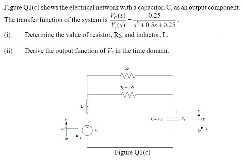 Figure Q1(c) shows the electrical network with a capacitor, C, as an output component.
Ve(s)
V,(s)
0.25
The transfer function of the system is
s? +0.5s +0.25
(i)
Determine the value of resistor, R2, and inductor, L.
(ii)
Derive the output function of Ve in the time domain.
R2
R =12
L
V:
C= 4 F
Ve
3V
5V
Os
Os
Figure Q1(c)
