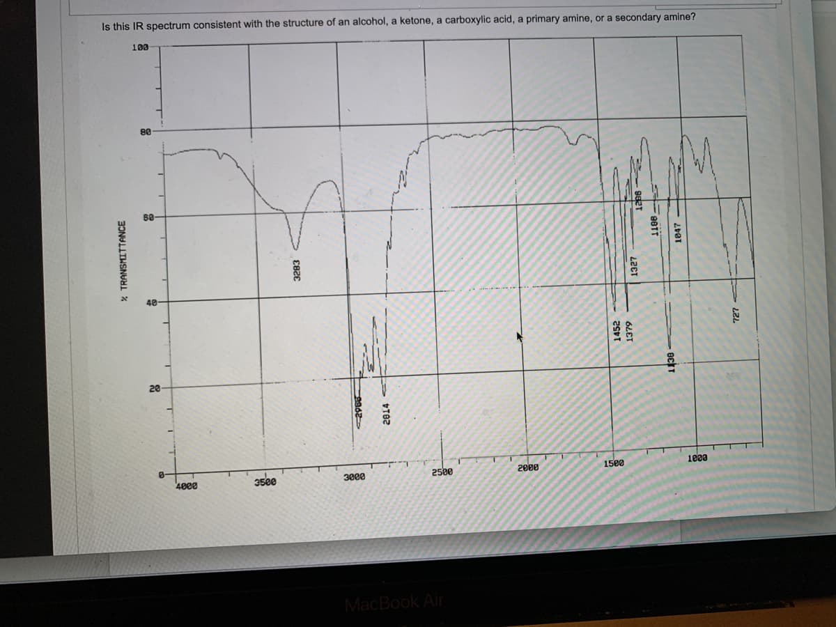 Is this IR spectrum consistent with the structure of an alcohol, a ketone, a carboxylic acid, a primary amine, or a secondary amine?
100
% TRANSMITTANCE
3283
20
8-
4000
3500
K
-2965
2014
2500
3000
MacBook Air
2000
1327
1452
1379
1500
981T
1047-
BETT
1000
727